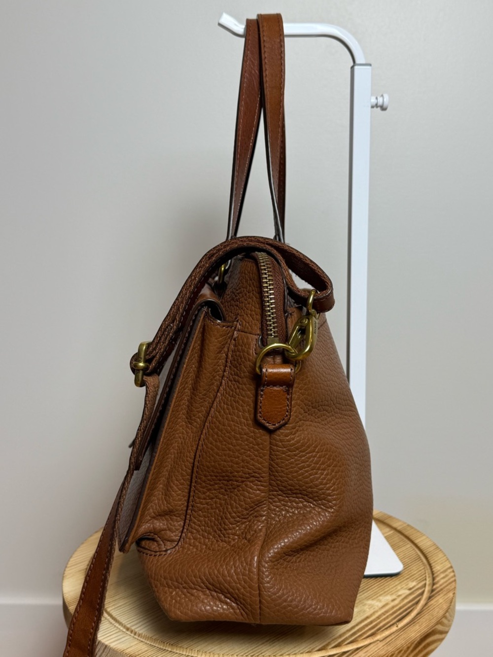 Fossil Kinley Satchel with crossbody strap Cognac Brown Pebbled Leather - Picture 3 of 16